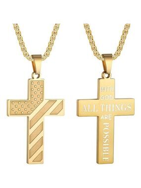 GOLD American Flag GOD Cross Necklace Men Stainless Steel Box Chain 22+2 inch